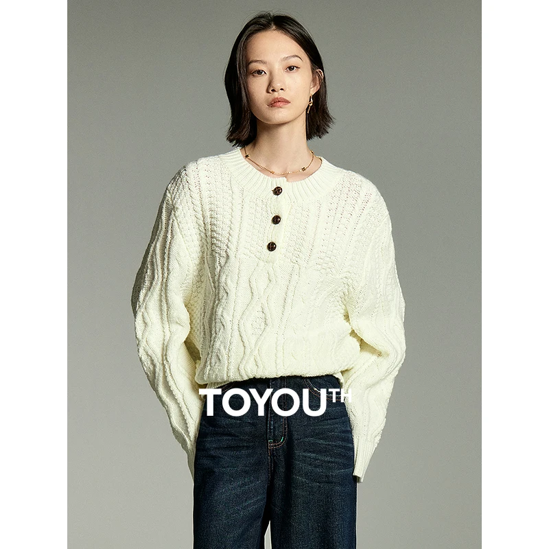 

Toyouth Women Sweater 2023 Winter Long Sleeve Round Neck with Buttons Loose Knitwear Rhombic Twisted Flower literary Outwear