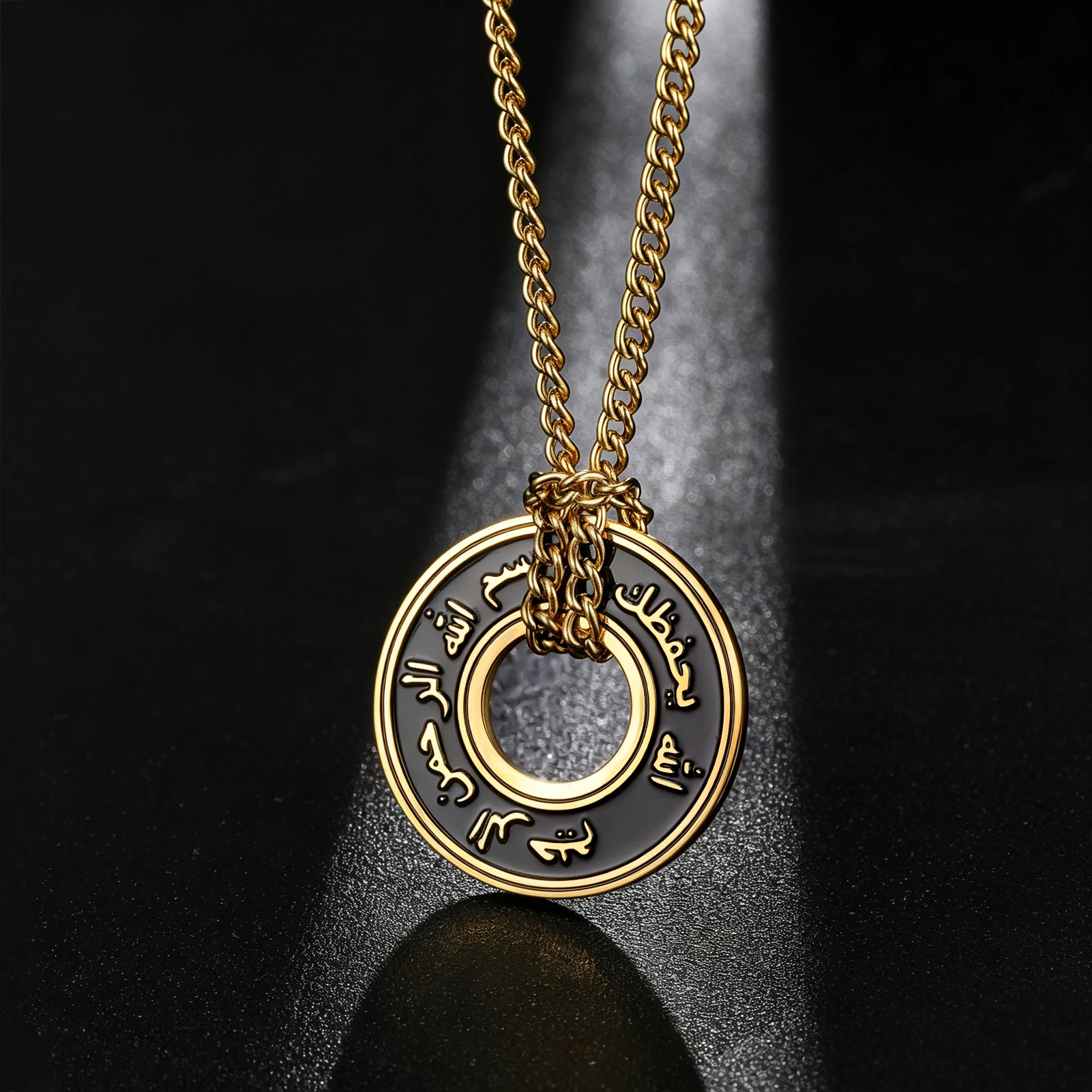 Islamic Arabic Pendant Necklace Allah Bless You Hollow Round Medal Necklace Stainless Steel Religious Amulet Jewelry Gift