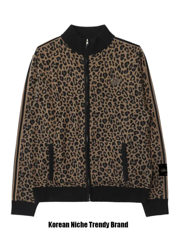 

Retro American Leopard Print Stand Collar Zipper Knitted Cardigan Slim Casual Sweater Jaet Women's Autumn Cotton Long Sve