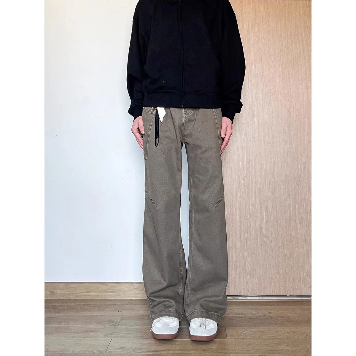 Cargo Pant Men Jeans Wide Leg Denim Pants Floor Length Loose Casual  Splice Button Pocket Solid Straight Trousers Autumn Winter