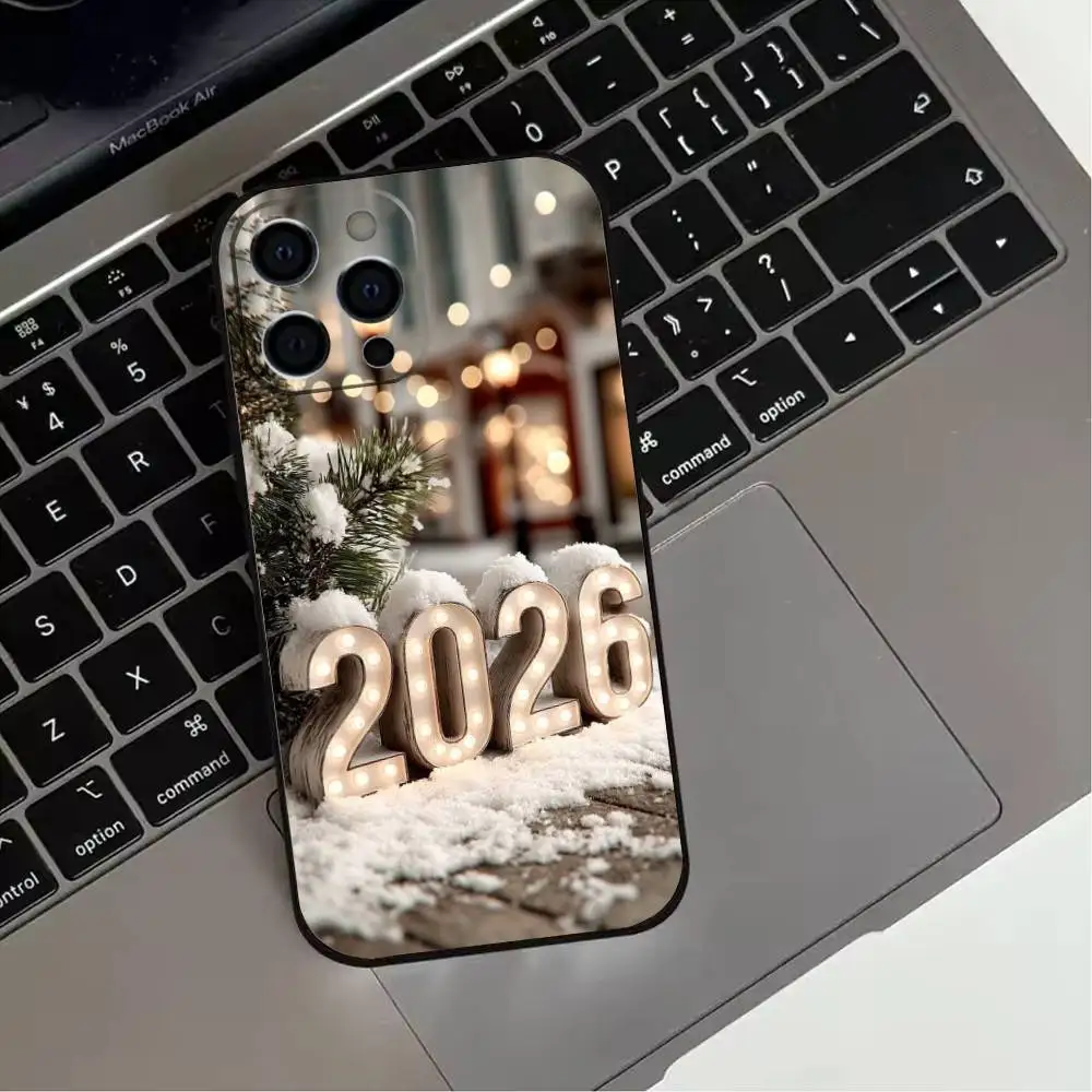 حافظة هاتف N-New Y-Year 2026 لهاتف iPhone 17,16,15,14,13,12,11 Plus، Pro Max، XS، غطاء أسود من السيليكون الناعم