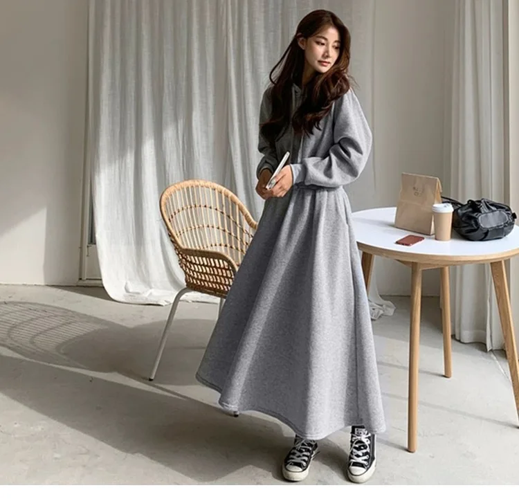 Koreanischer Stil, Herbst-Winter-Kapuzen-Sweatshirt-Kleid, Übergröße, tailliert, einfarbig, langes Kleid für Studentinnen und Frauen, lässig – Detail 16