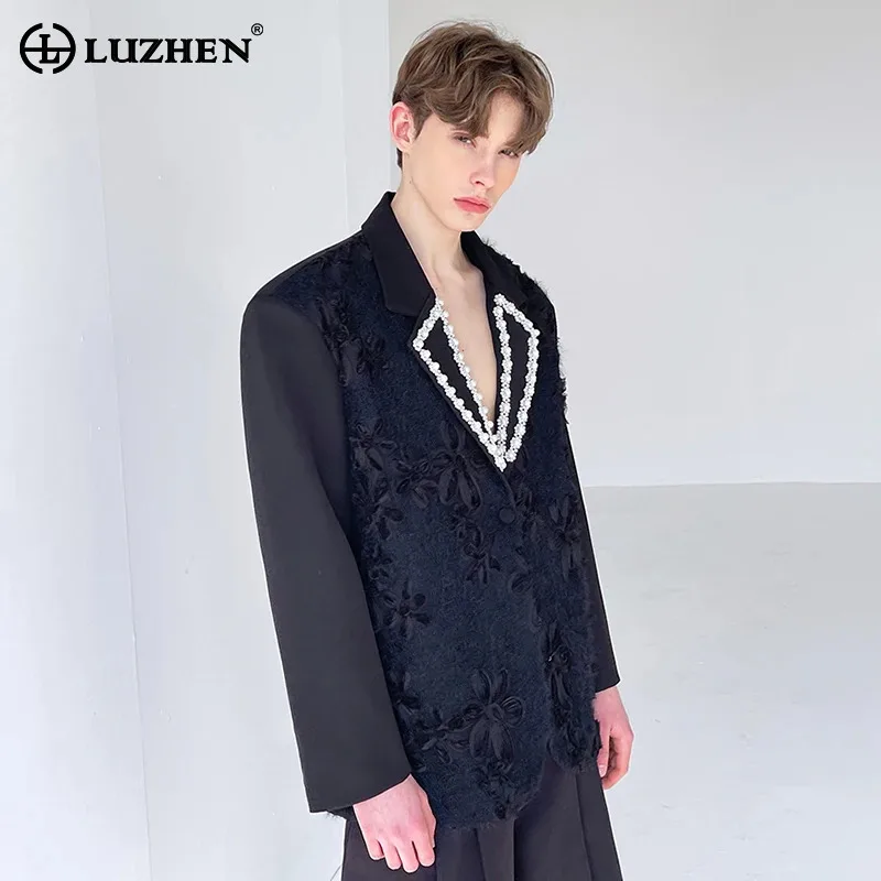 

LUZHEN Blazer Luxury Three-Dimensional Jacquard Handmade Pearl Decorate Collar Coat Men 2025 New Elegant Original Clothes JY3990