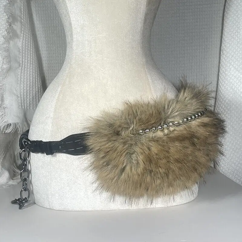 1PC Vintage Faux Fur Belts Metal Bead Chain Plush Waist Belt Furry Fur Sexy Girls Waistband Punk Belt Jeans Apparel Accessories