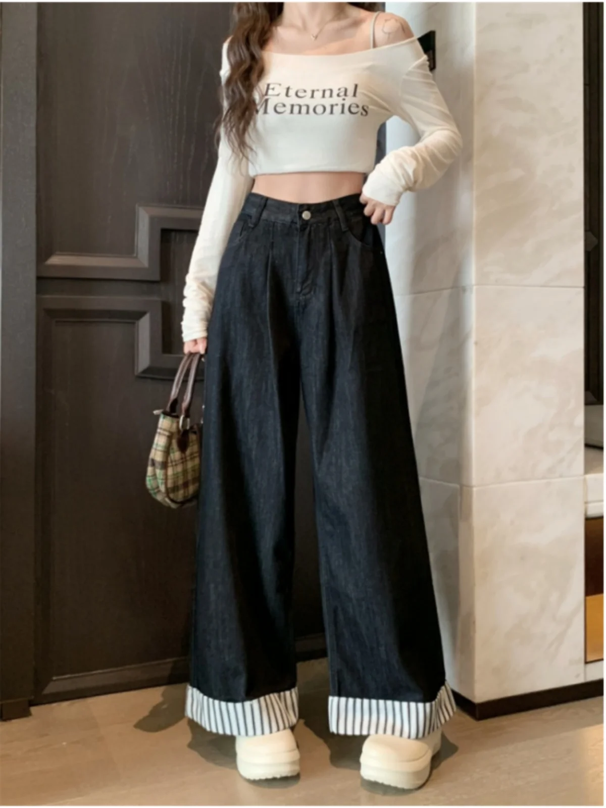 High Waist Striped Denim Jeans Women's Autumn plus Size Flared Slimming Loose Pear ape plus Size Wide Leg Pants