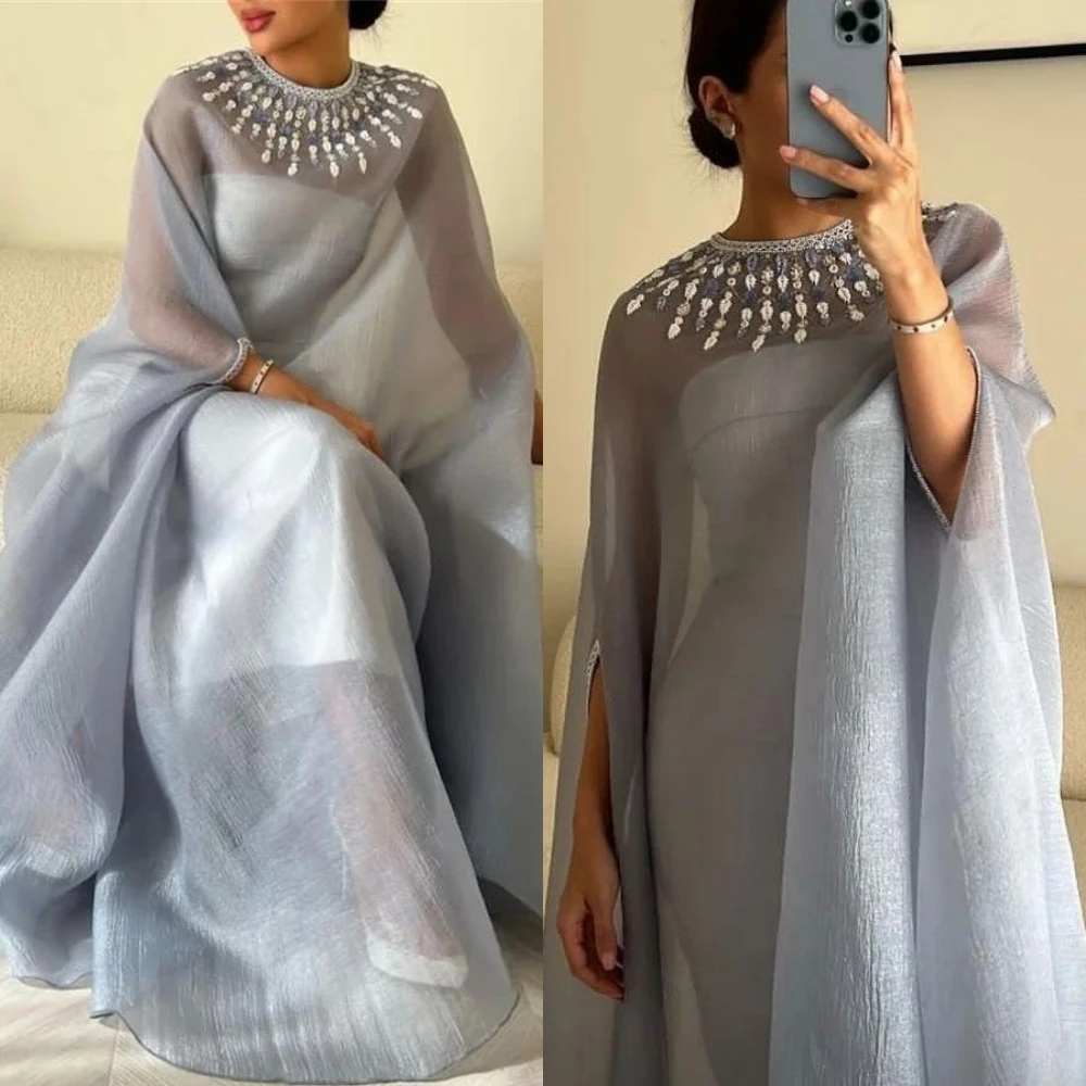 Vestido largo de satén para baile de graduación de Arabia Saudita, traje con cuentas de noche, línea A, cuello redondo, a medida, para ocasiones