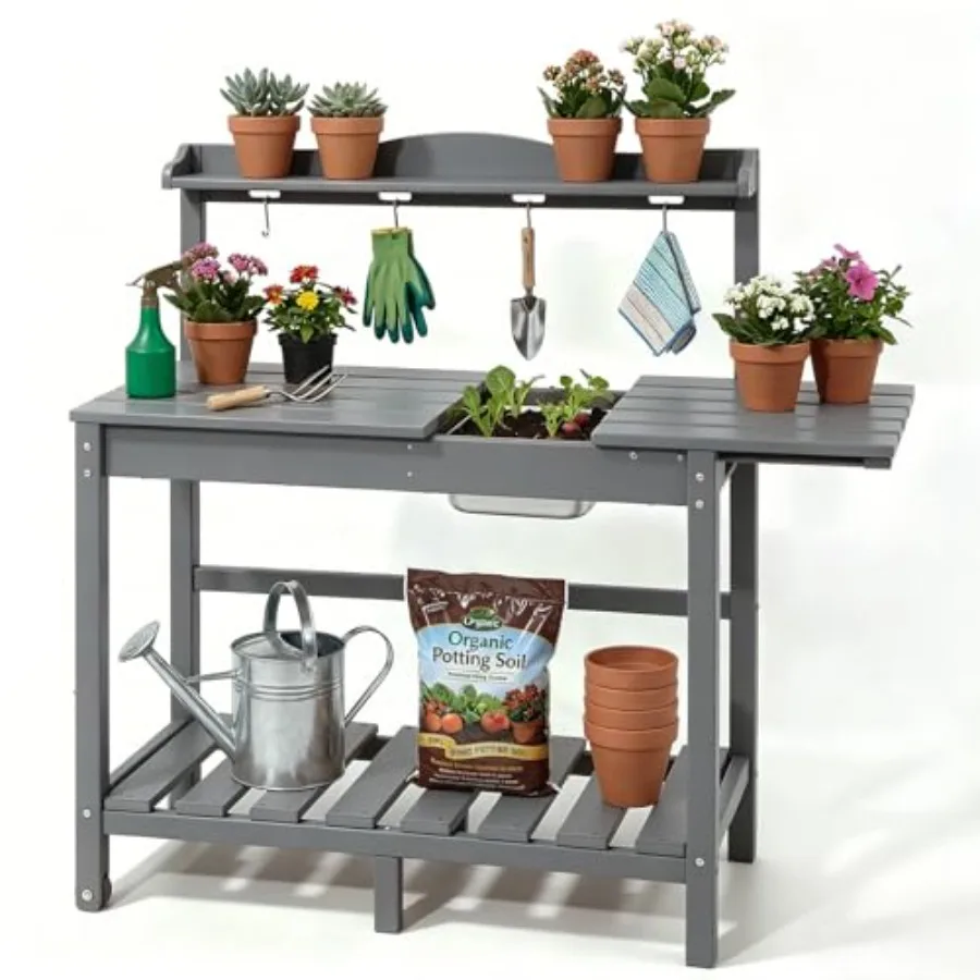 HDPE Outdoor Potting Bench with Sliding Tabletop and Removable Sink