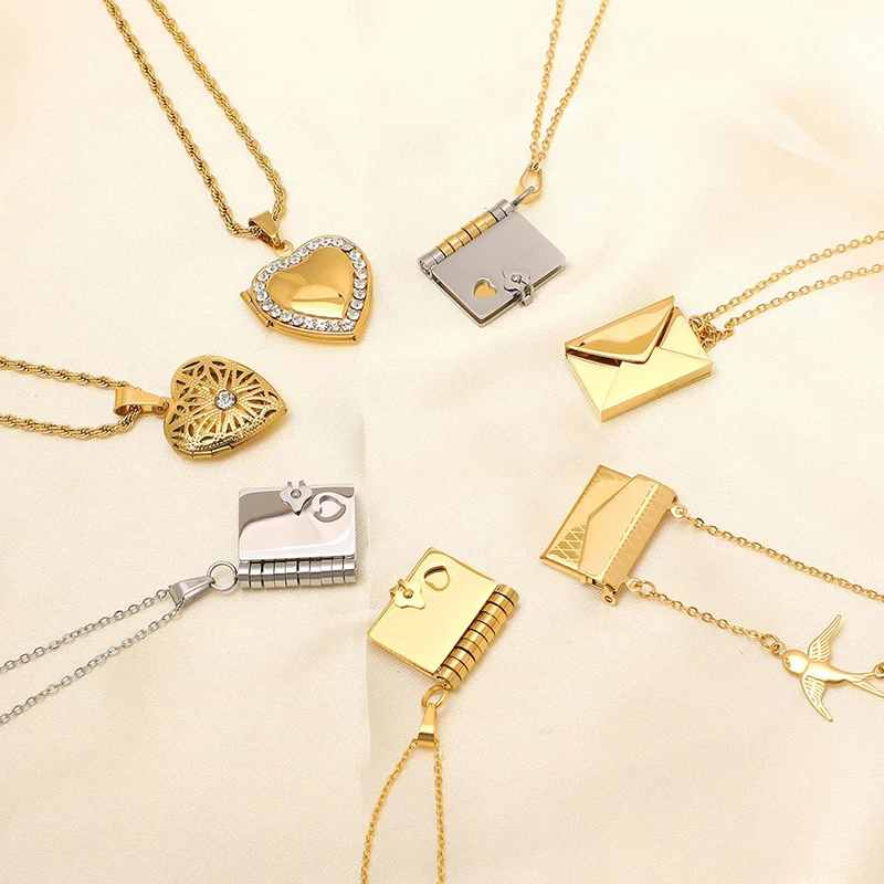 ANENJERY 316L Stainless Steel Opening Book Envelope Heart Necklace for Women Lovers Creative Fashion Jewelry Birthday Gifts