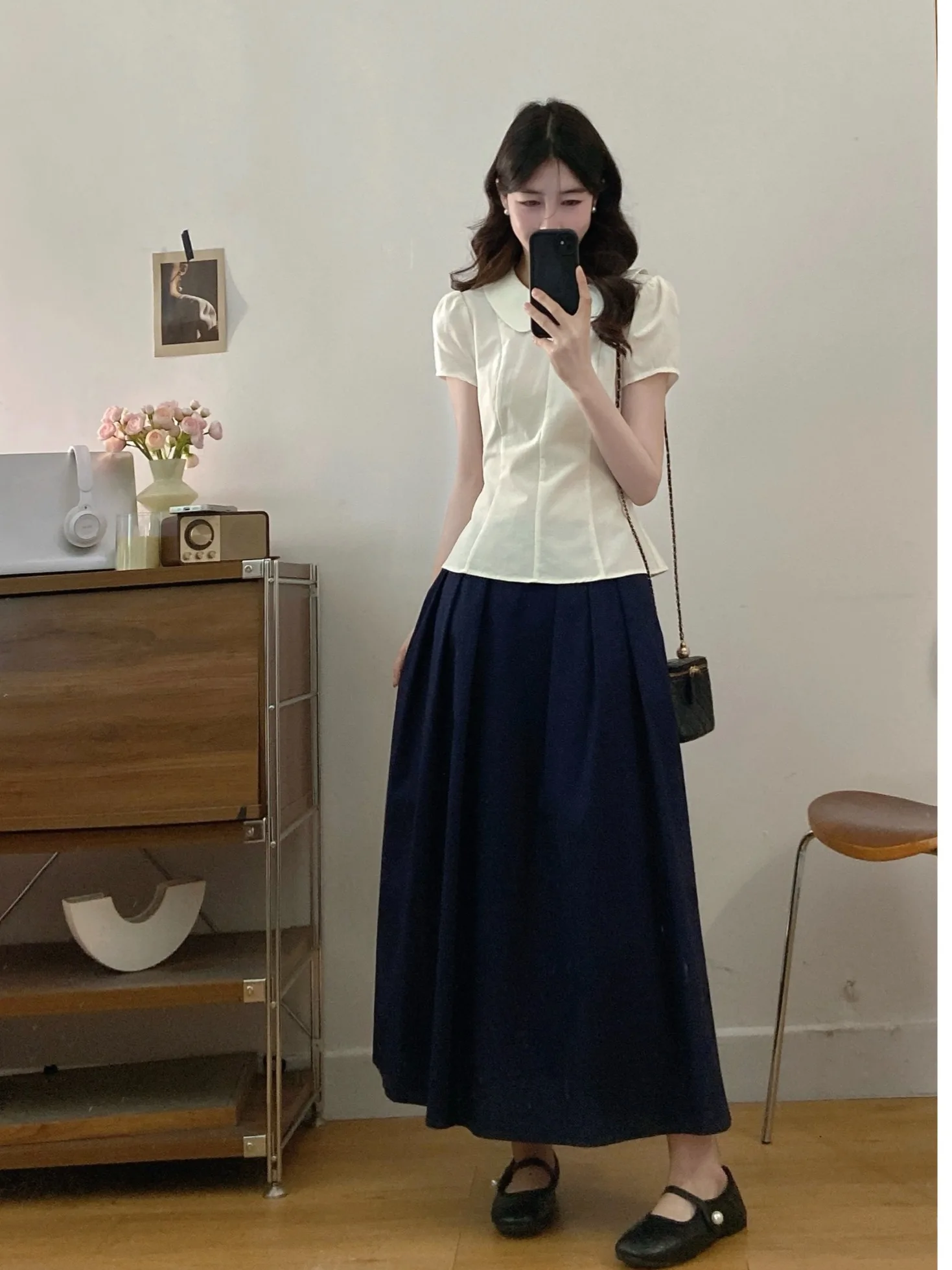 

plus Size Women's Sweet Style White Doll Collar Short Sleeve Shirt And High Waist Skirt Set Summer New Fashion Korean Ve...