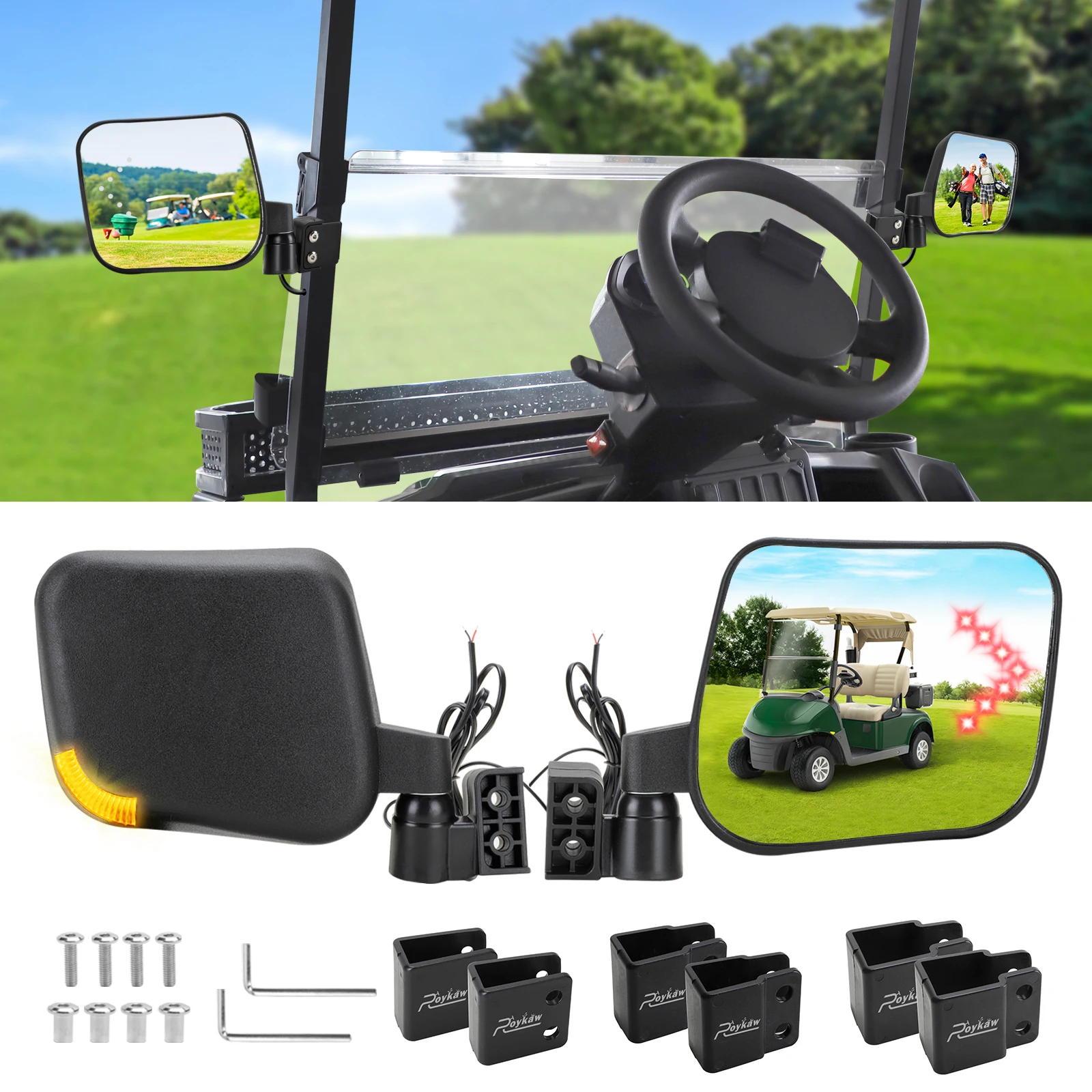 Roykaw Golf Cart Side Mirrors w/ Turn Signal Light, No Drilling LED Rear Mirrors, Folding Side Mirrors for EZGO/Club Car/Yamaha