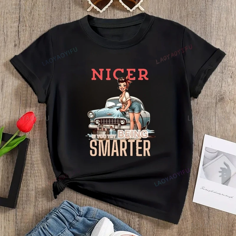 SMARTER- Funny Retro Style Women's Shirt, Women's Everyday Fashion Casual Exquisite Summer Short Sleeve Cotton T-shirt