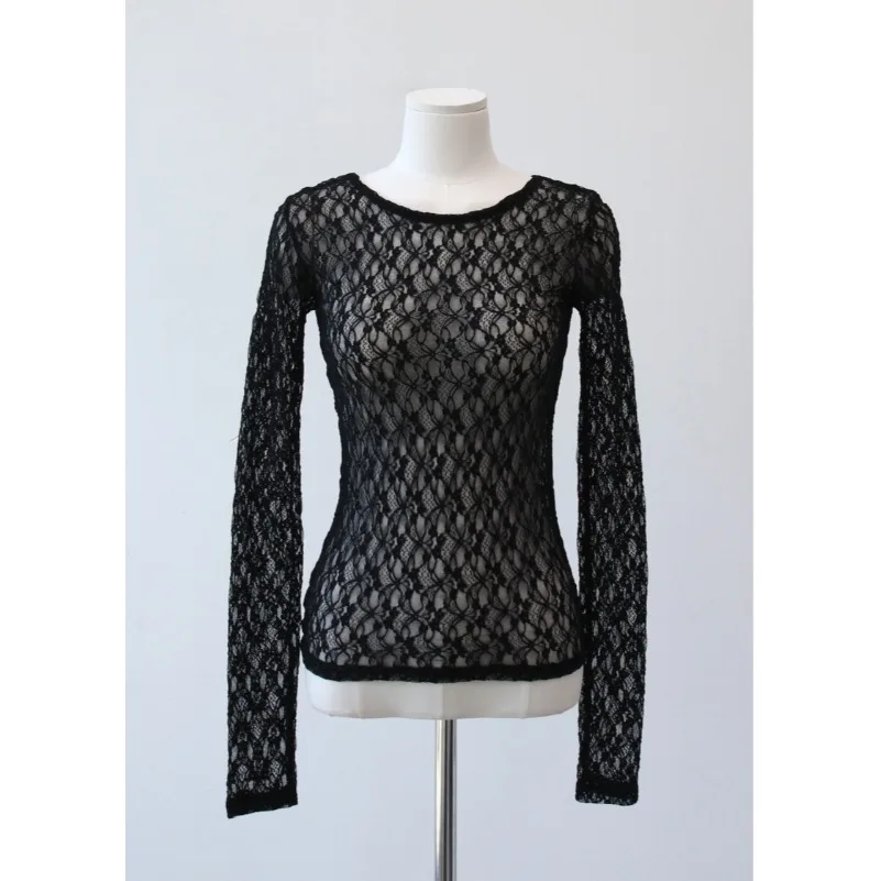 Chic Lace irt Women's ort Fit Long Sve Base Layer irt Hong Kong Sle High-End Sensation Top Korean Sle Inner Wear