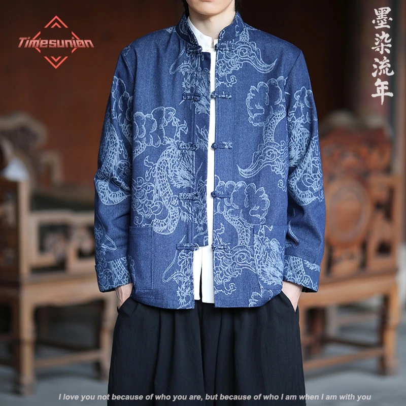 

Tang Costume Denim Jacket Man Hanfu Coat Tradition New Chinese Style Jacket Button Down Qipao Top Adult Shirt Kong Fu Clothing