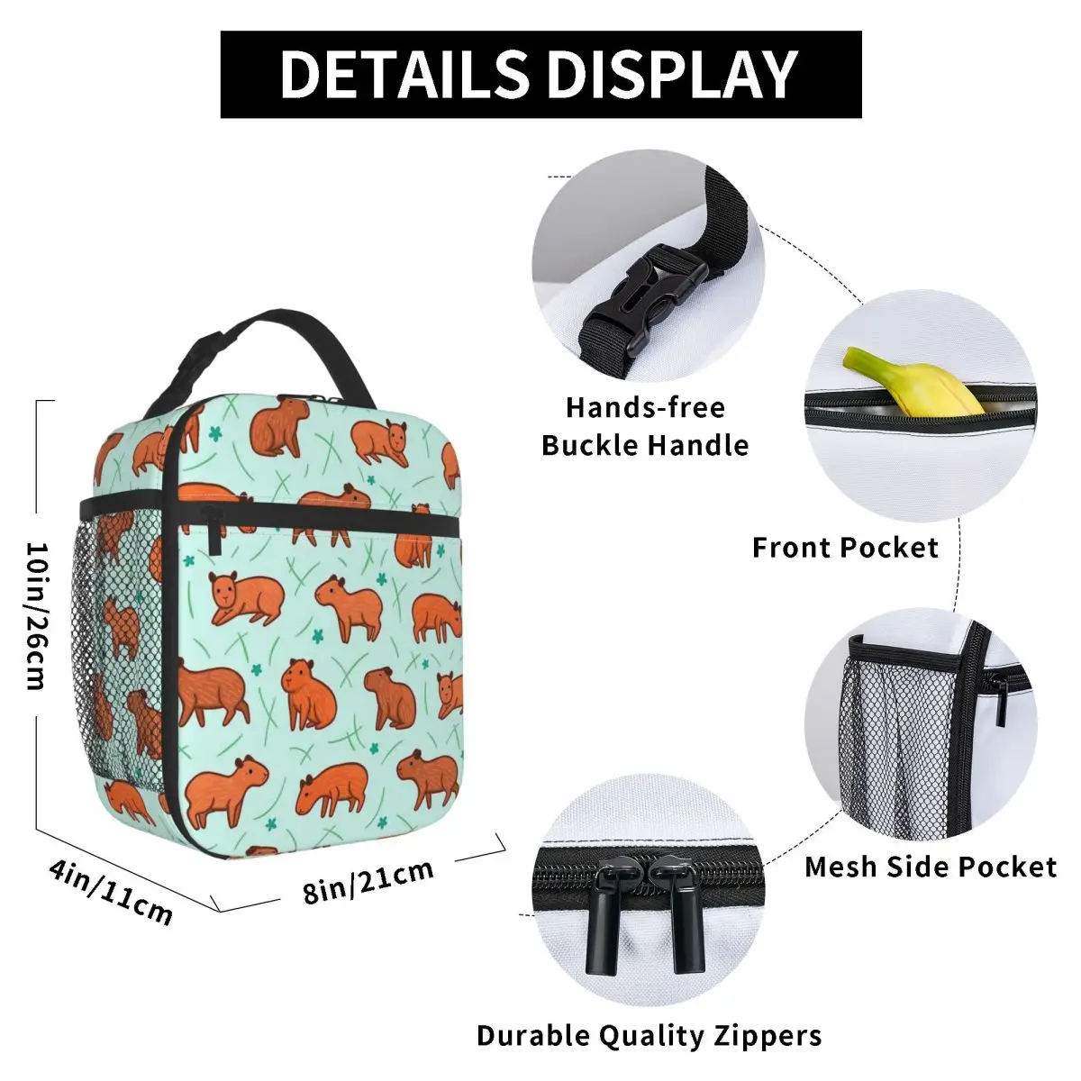 Capybara Pattern Insulated Lunch Bag for Kids School Cooler Thermal Food Box Tote Portable Lunch Boxes Container