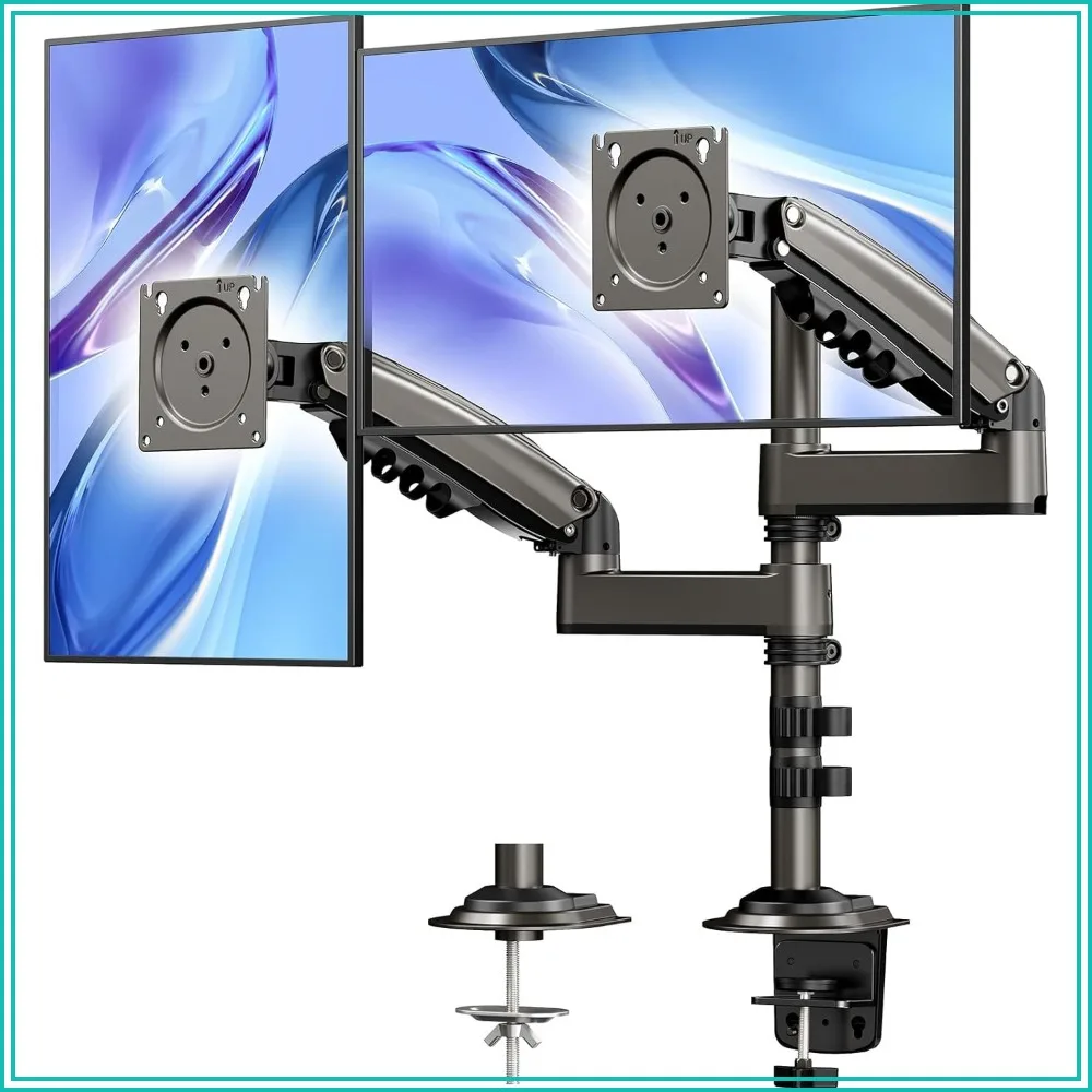 Vertical Dual Monitor Stand for 17-32 Inch Screens, Ergonomic Adjustable Tilt/Swivel/Rotate, Max 19.8 lbs per Arm, VESA 75/100mm