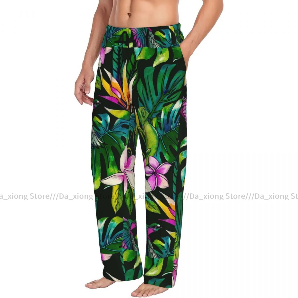 Tropical Humming Bird Lizard And Flowers Mens Pajamas Pyjamas Pants Lounge Pants Sleep Bottoms