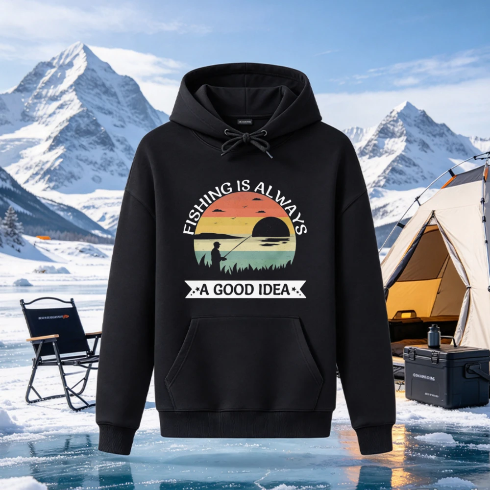 Vintage Sunset Fishing Is Always A Good Idea Hoodie Funny Christmas Gift for Men Dad Grandpa Husband Boyfriend Pullover Cozy