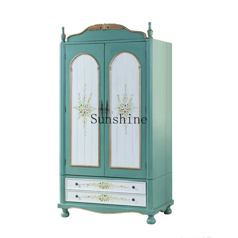 

Mediterranean American rural retro painted solid wood carving gold-painted wardrobe