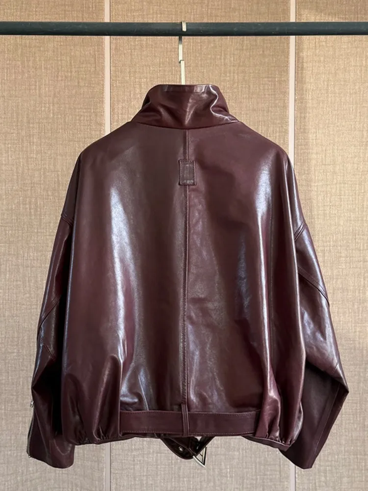 ربيع الخريف الإناث جلد طبيعي النفط الشمع سترة معطف الوقوف طوق البريدي فضفاضة تناسب جلد الغنم الطبيعي قصيرة دراجة نارية ملابس خارجية