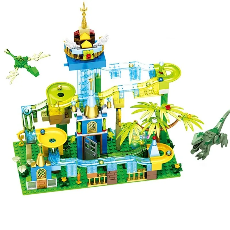 Ideas de carrera de mármol con laberinto eléctrico ligero, bloques de construcción de bolas, Parque de dinosaurios jurásicos, juguetes del mundo de la jungla para niños