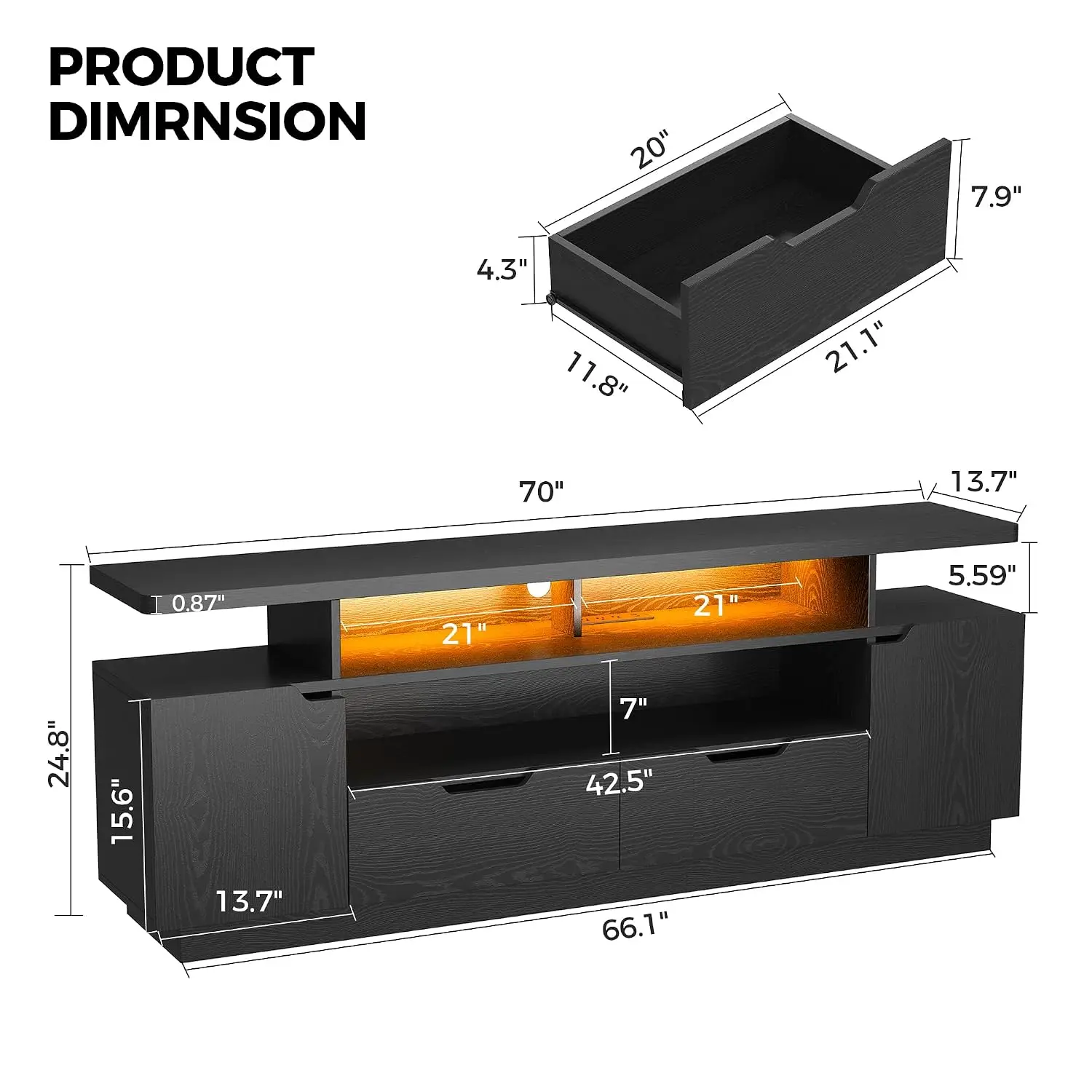LED TV Stand with Lights Power Outlets Cabinets Drawers Shelves Cable Management for Living Room 85 Inch, Customized