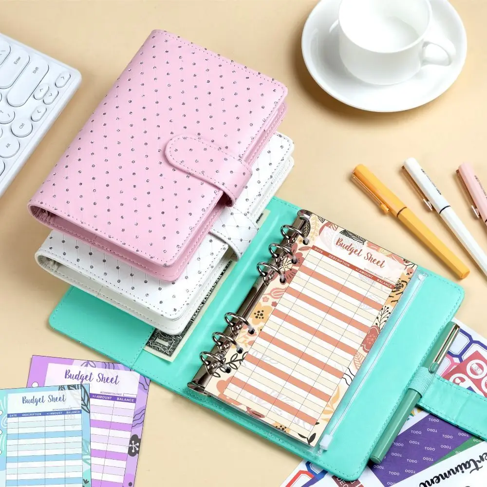 Rainstone Patterned Cover Money Saving Binder 6-Ring PU Leather Mini Budget Binder Tear Resistant A6 Savings Challenges Book