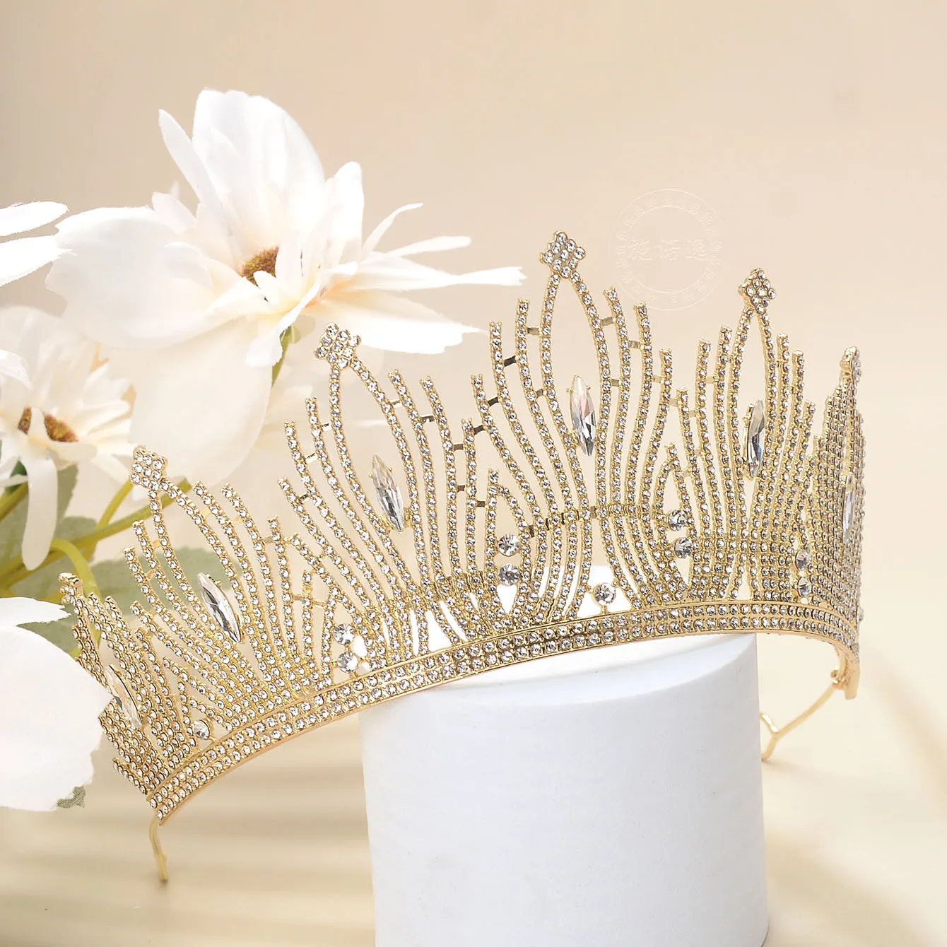 تاج الزفاف - إكسسوار تاج مأدبة فاخر متلألئ بالألماس بالكامل، زينة شعر لغطاء رأس الملكة والأميرة