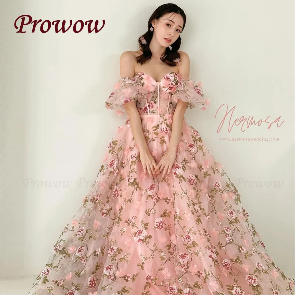 

Prowow Princess Sweetheart Floral Evening Dress Korea Wedding Photos Shoot A Line Birthday Party Puff Sleeves Organza Customized