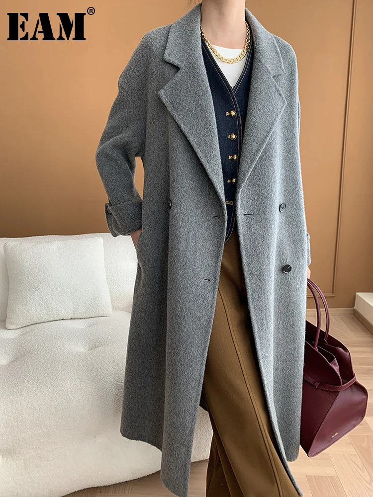 

[EAM] Gray Big Size Elegant 62% Wool Woolen Coat New Lapel Long Sleeve Women Jacket Fashion Tide Autumn Winter 2024 1DH7556