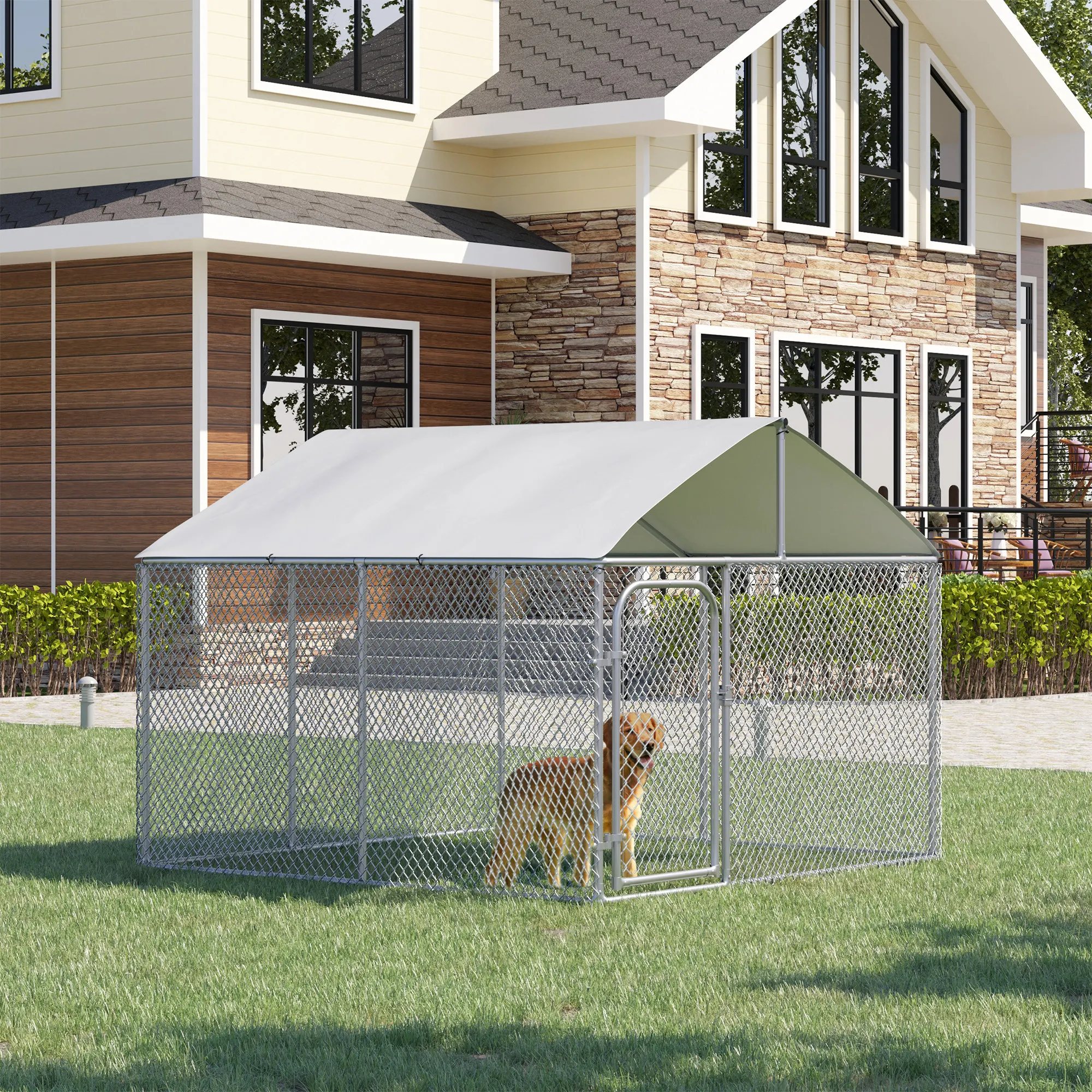 PawHut Dog Kennel Outdoor Dog Run w/ Canopy, 7.5' x 7.5' x 5.6'