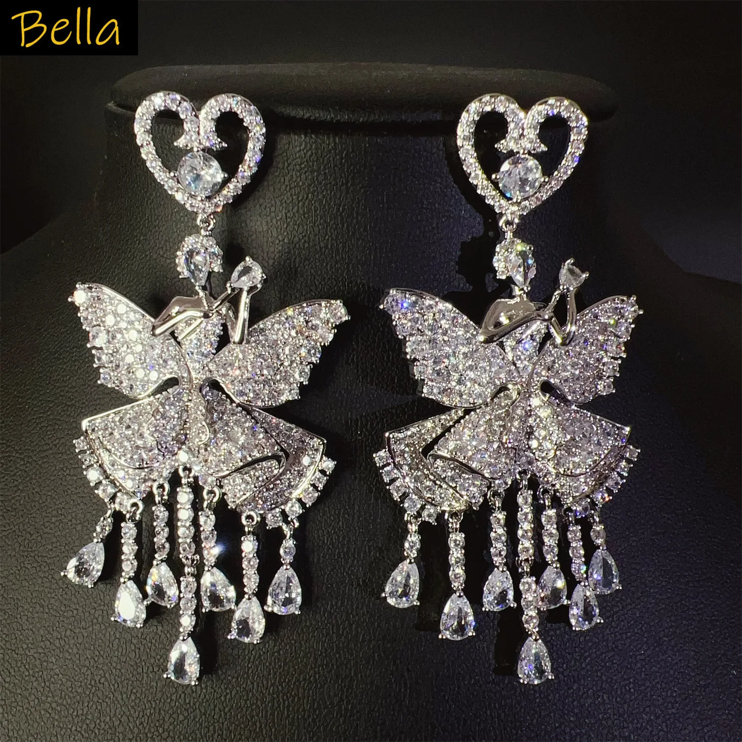 

shiny zircon earrings for women Gala event wedding party luxury jewelry white blue pink red big bowknot ballet dancer pendant