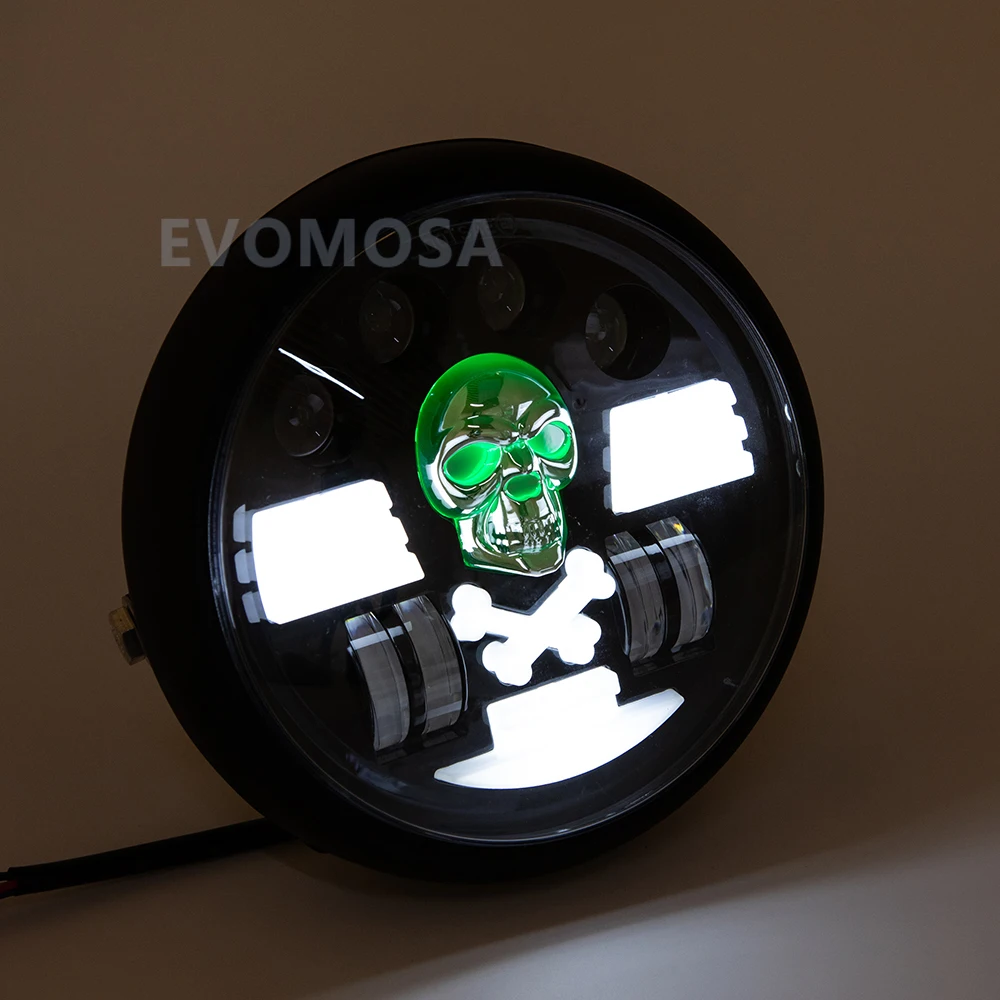 EVOMOSA موضة الجمجمة تصميم دراجة نارية العلوي كشافات العالمي عالية منخفضة شعاع جولة موتو كشافات ل هارلي يامها هوندا #2