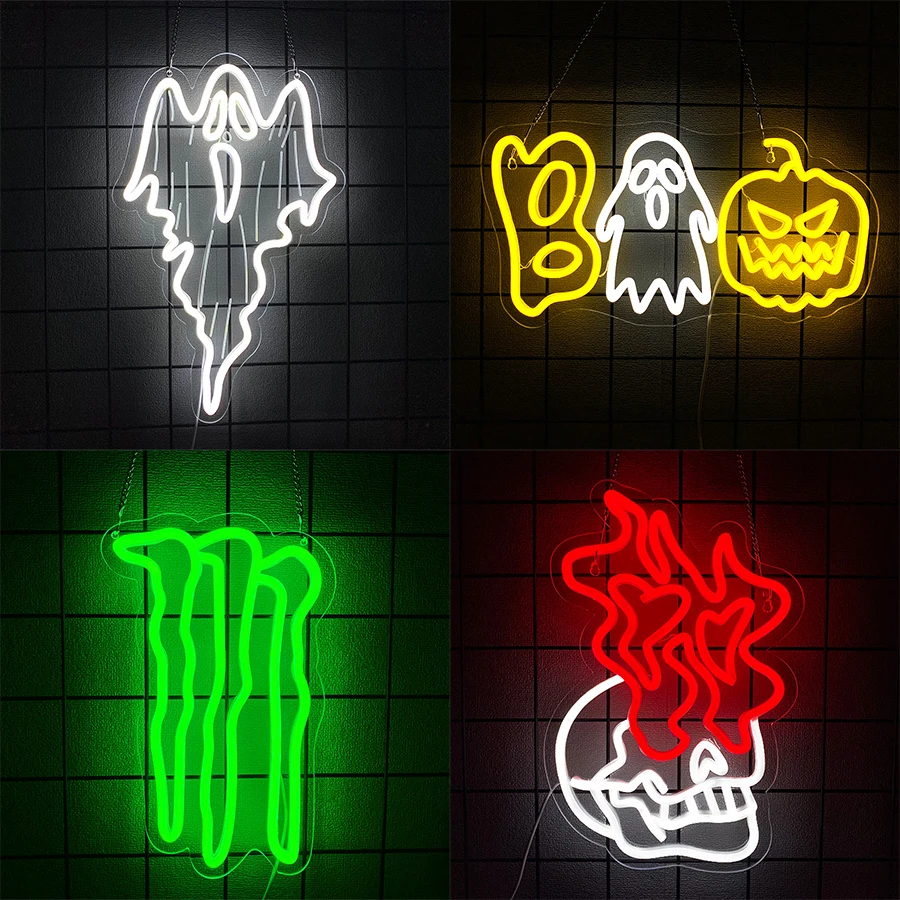 

Светодиодная неоновая вывеска на Хэллоуин, настенный декор со значком призрака и тыквы, используется для комнаты, игровой комнаты, пространства ужасов, настенного светильника с изображением дома с привидениями.