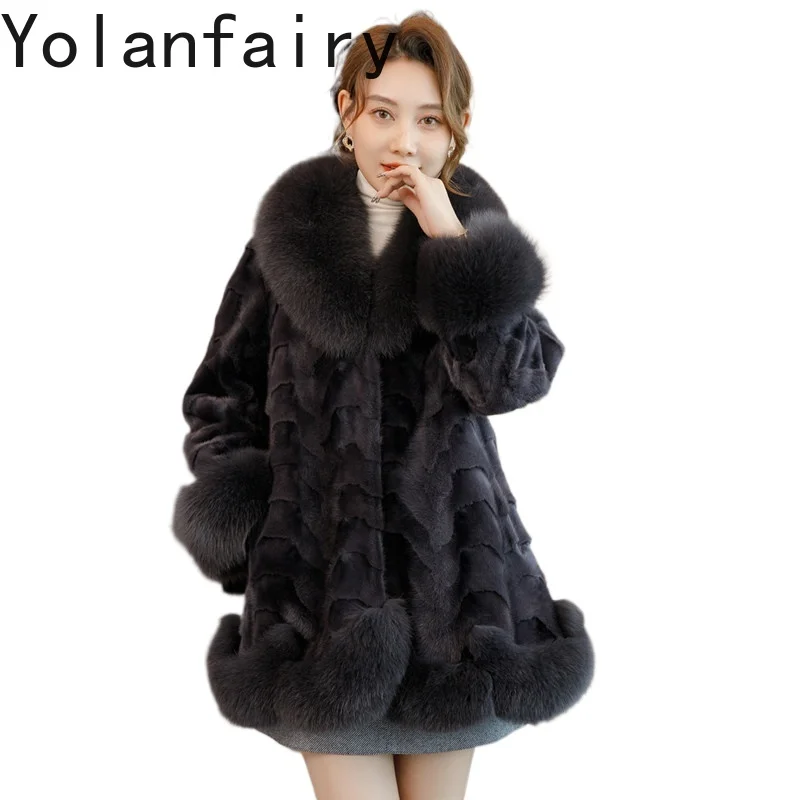 

YOLANFAIRY Genuine Mink Fur Coat with Real Fox Fur Collar 2026 Luxury Warm 100% Mink Fur Jacket Coats Outerwear Mid-length 80cm