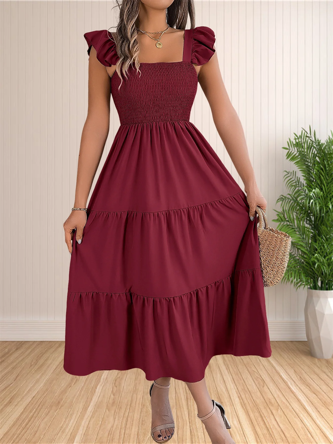 Robe longue à imprimé floral pour femmes, style bohème, décontractée, bretelles spaghetti, col carré, maxi, plage, soleil, été