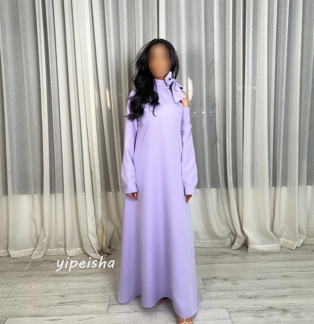 Jiayigong-Robe trapèze longue en satin avec nœud, tenue de soirée de mariage, col haut, sur mesure