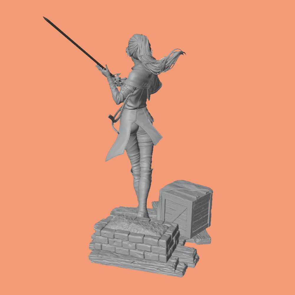 1/24 Desk ornament,Fantasy style female ranger, sword-holding posture resin model kit, 3D printed gray statue, not colored