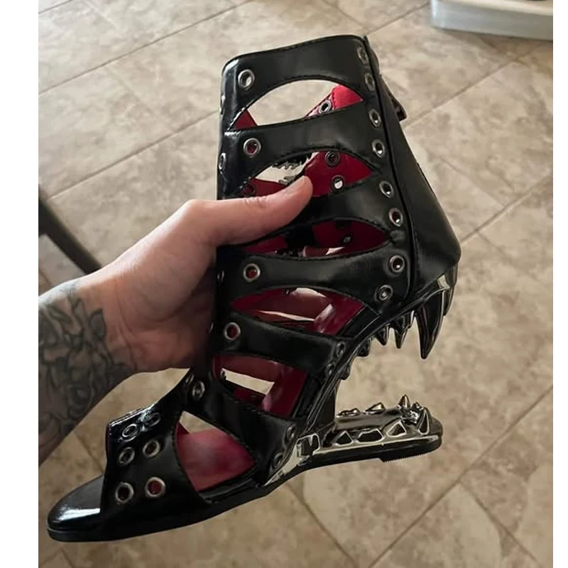 

Open Toe Shaped Toe Hollow Out Summer Boots Women's Gothic Punk Spike Sandals Black Buckle Ankle Boots Unique Tooth Heel Shoes