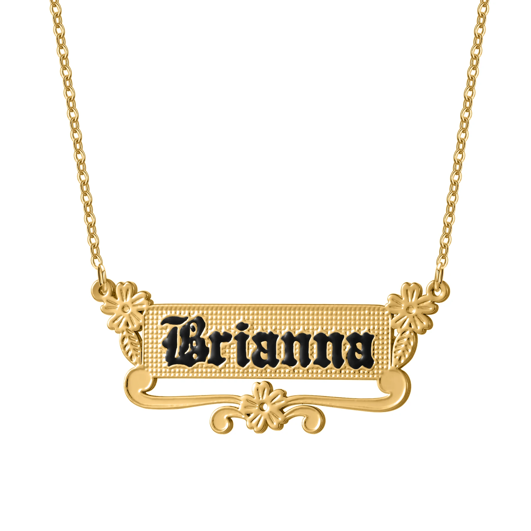 Custom Name Necklace Square Plaque Etched Pattern Vintage English Black Enamel Filled Stainless Steel 18K Gold Plated Women Gift