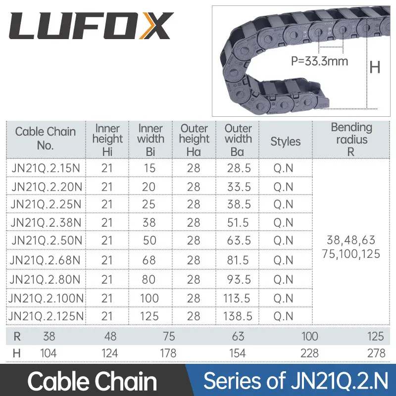 The JN21Q.2.N nylon high-quality bridge e-chain® chain can be opened on the inside and the cable bend radii are 63,38 and 75