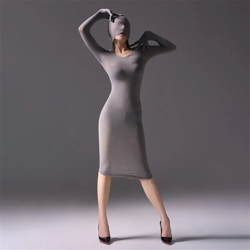 Sexy Women 120D Mask Cover Head Tight Pencil Dress Glove Sleeve Bodycon Micro Mini Dress Elastic Packet Hip Step Dress