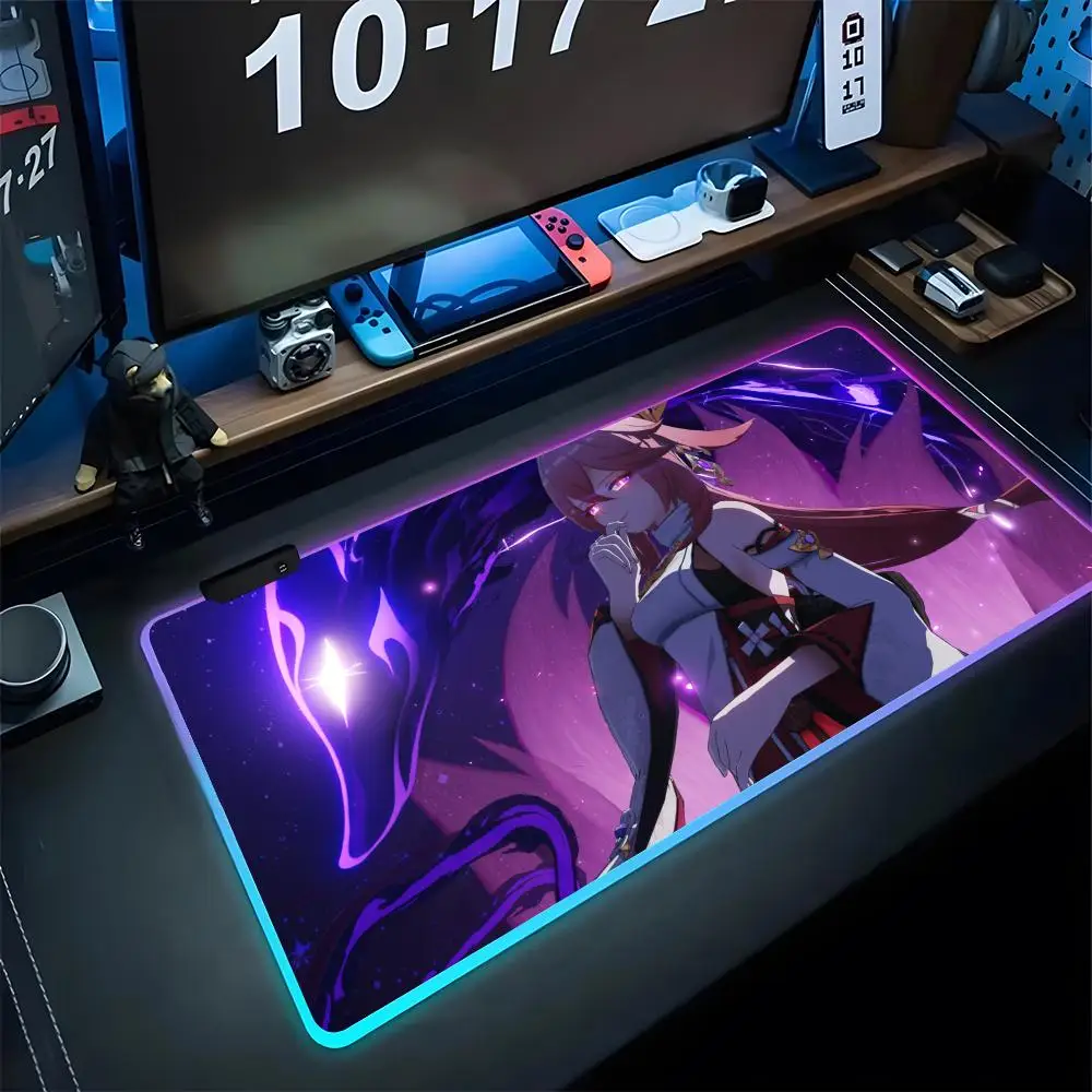 Yae Miko Guuji Mouse Pad Gaming LED 700x300 Mouse Mat Mousemats Table Pads PC Trendy Desk Mat RGB Keyboard Mat XXL