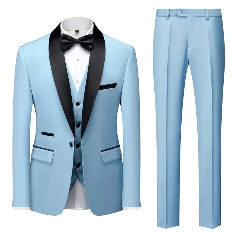 

Men Bow Zipper Fly Suits Blazers Turn Down Collar Single Button Blazer Business Jacket Vest Ankle Length Pants Male Three Pieces