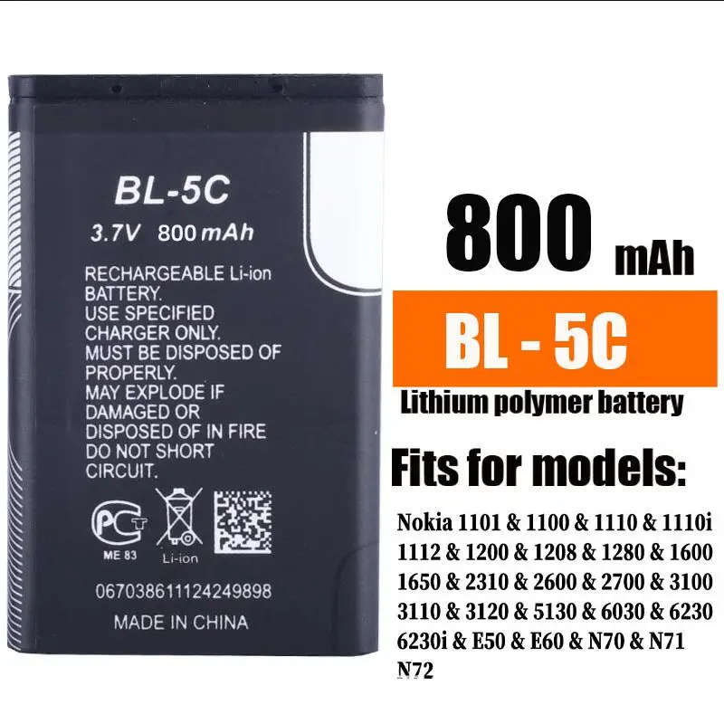 3.7V 800mAh Battery BL-5C BL5C BL 5C Rechargeable Batteries For Nokia 2112 2118 2255 2270 2280 2300 2600 2610 3125 3230 1pcs