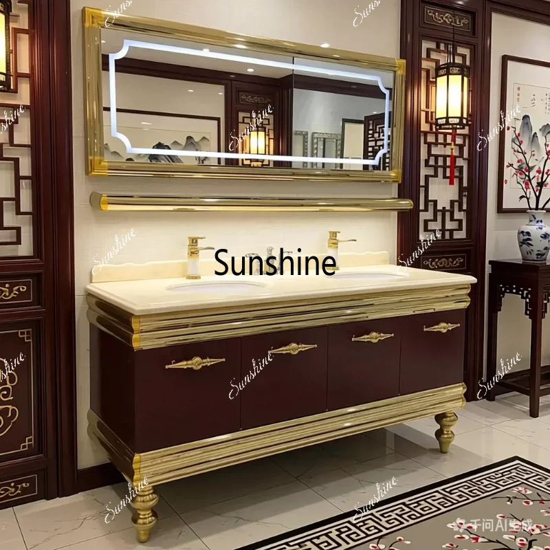 A vintage-style stainless steel bathroom cabinet with a natural light luxury washbasin