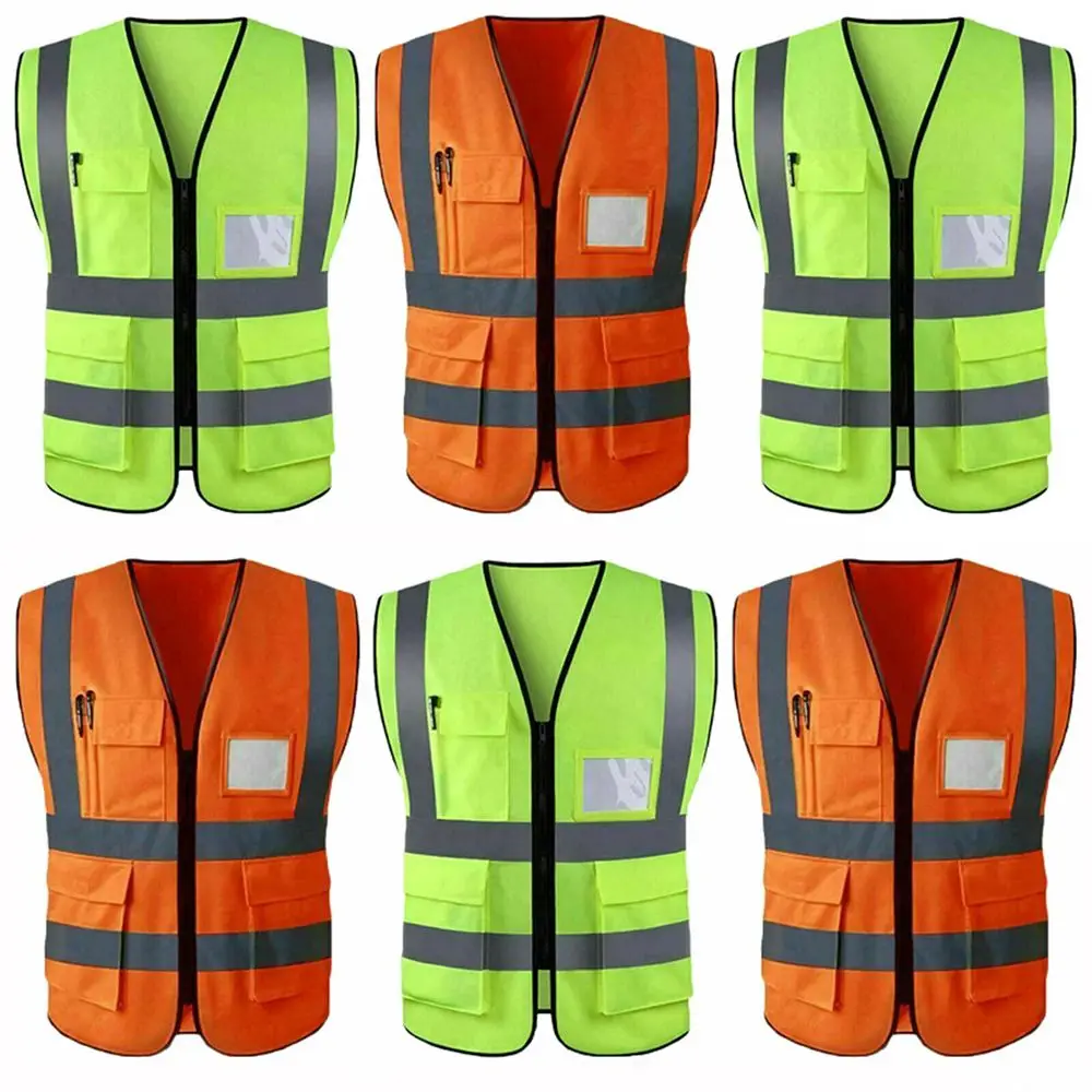 High Visibility Vest Reflective High Viz Safety Stripes Vest with Pocket ID Waistcoat Warning Vest Washable Yellow Orange Jacket