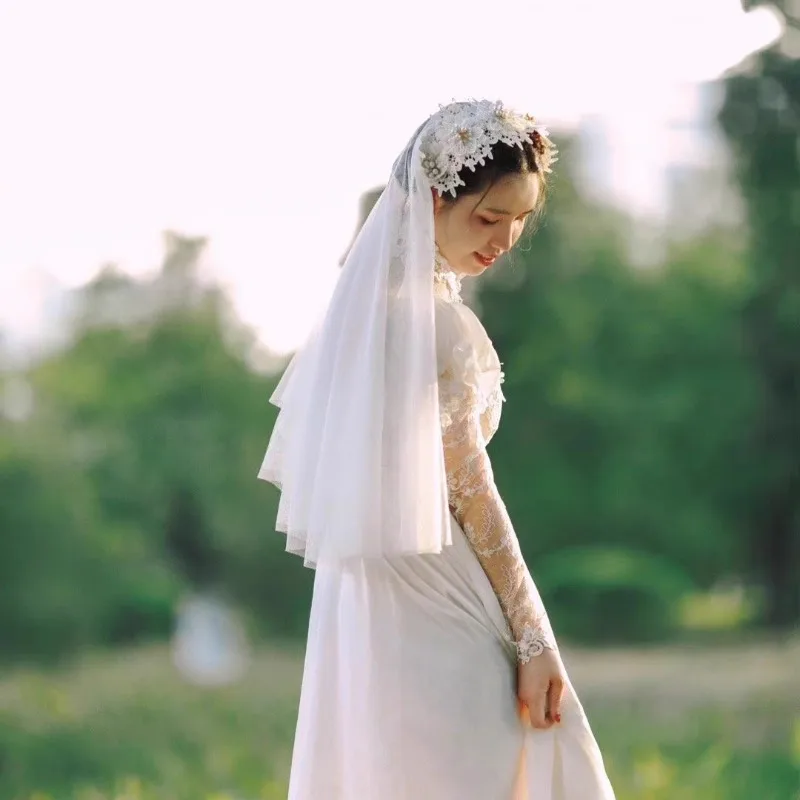 

Retro Bridal Hat French Veil Simple Lace Flower Pearl Soft Yarn Headband Headband Veil