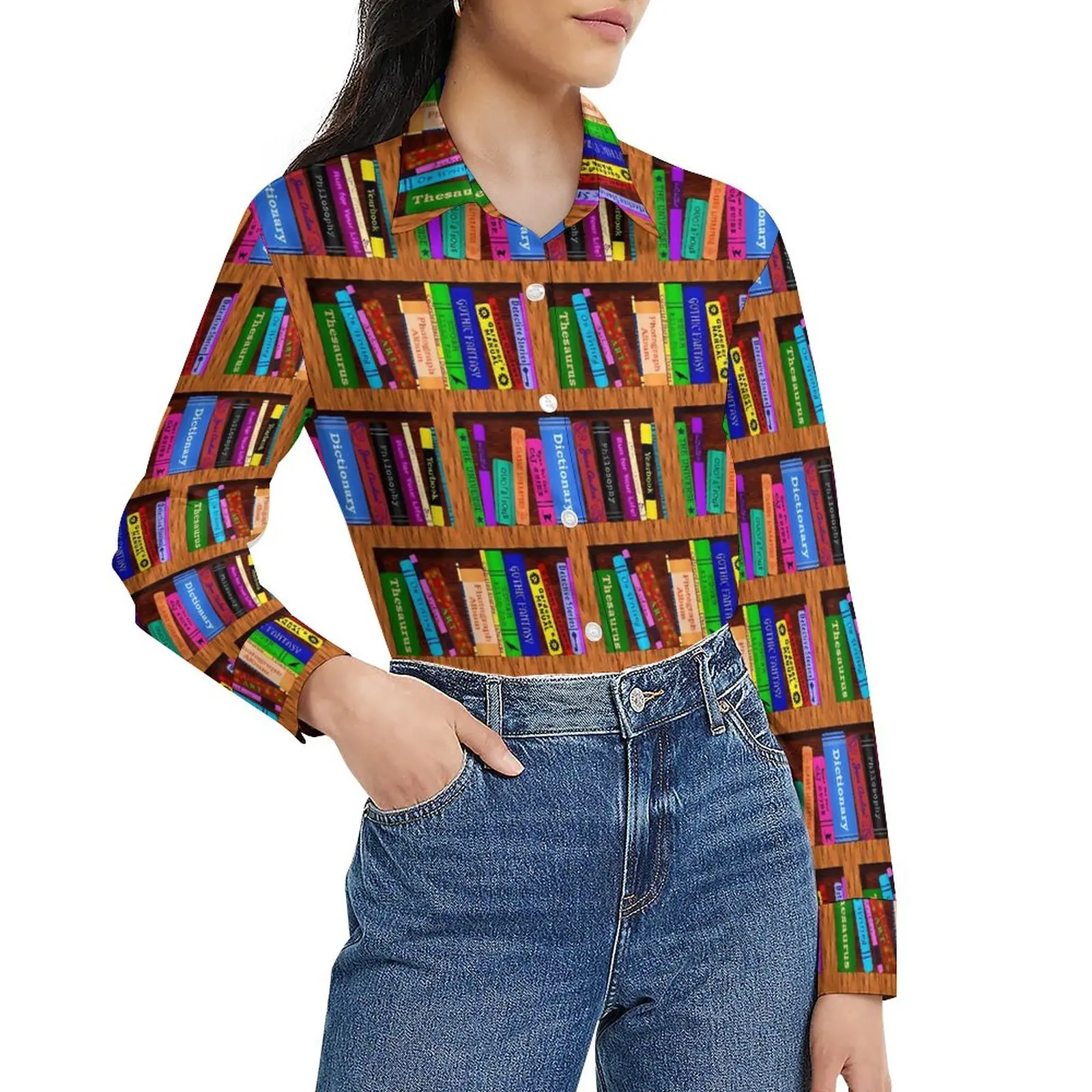 Books Library Blouse Long Sleeve Bookshelf Colorful Kawaii Blouses Woman Korean Fashion Oversized Shirt Design Top Birthday Gift