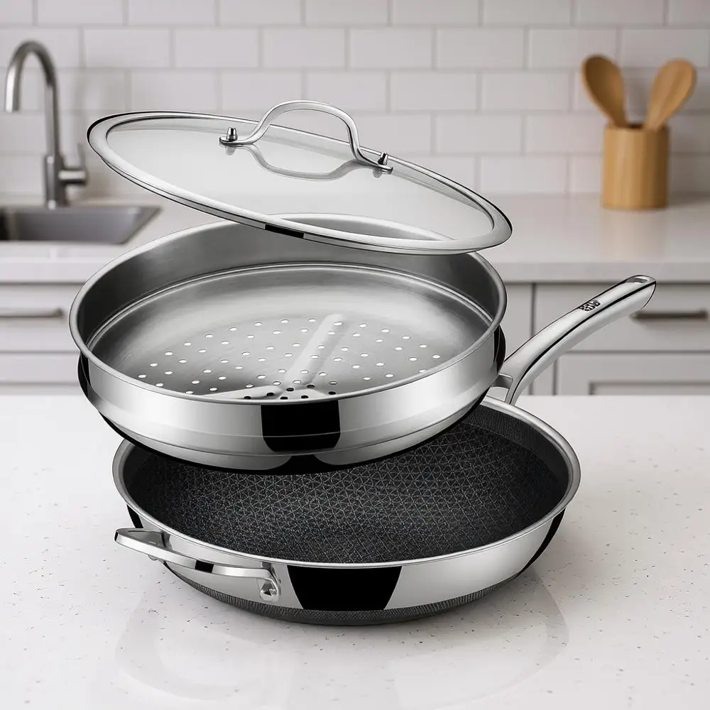 

13 Inch Hybrid Stainless Steel Wok with Lid and Steamer Basket, Non Stick Stir Fry Pan, Induction, Dishwasher & Oven Safe