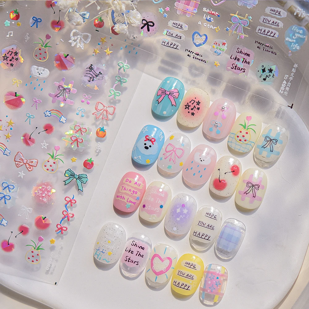 

1Pc 5D Dyeing Apple Cherry Fruit Nail Art Stickers Cartoon Dog Puppy Bowknot Adhesive Decals Graffiti Star Heart Manicure Slider